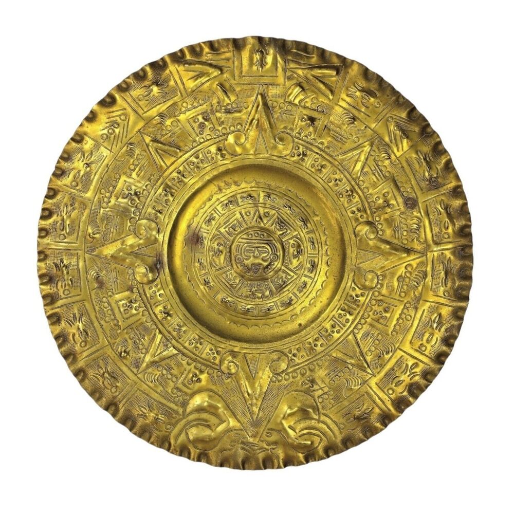 Vintage MCM Gold Hammered Brass Mayan Aztec Calendar Wall Hanging Platter XL 16"